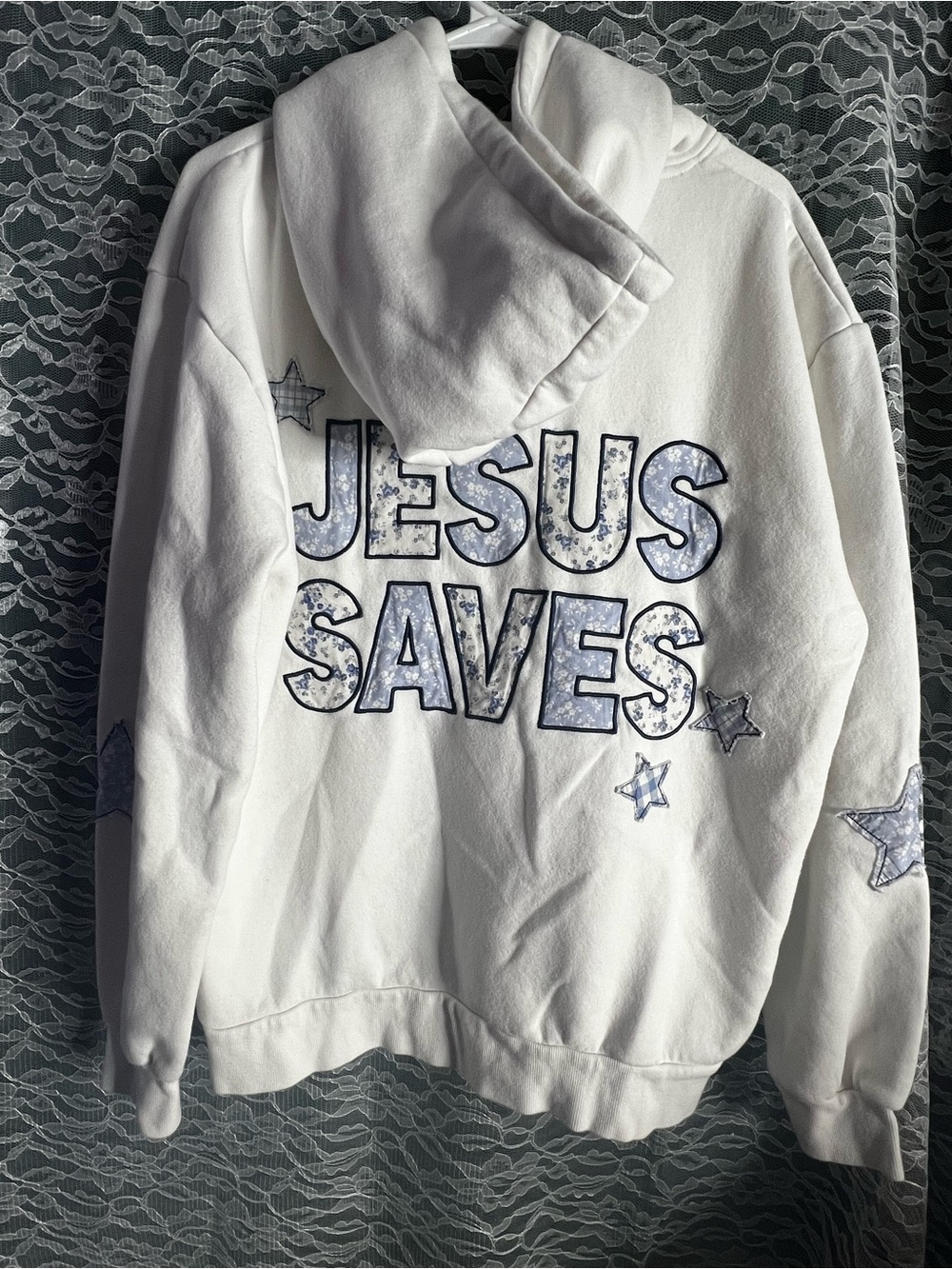 Altar’d State White Jesus Saves Hoodie Patchwork Medium Embroidered